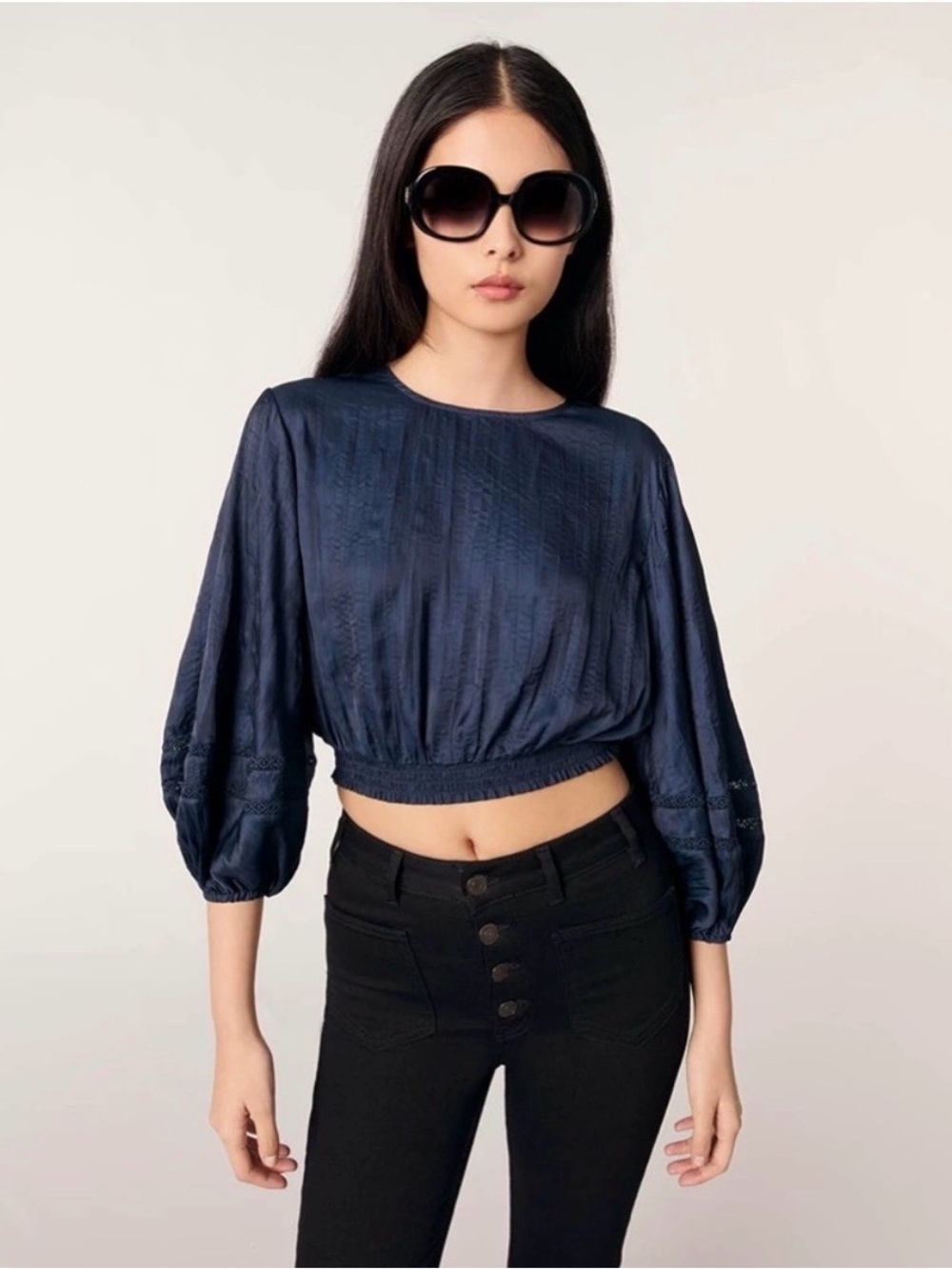 NWT Maje Puff Sleeve Cropped Satin Blouse Sz S